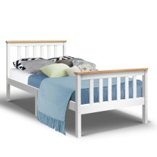 Artiss Pony Single Size White Wooden Bed Frame - Solid Pine, Two-Tone Design, Sturdy Construction, Child & Adult Use