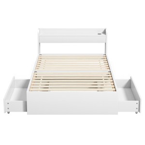 Artiss Aura Single Bed Frame White with USB Charging Ports Headboard Storage and 2 Underbed Drawers Plywood Slats