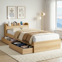 Artiss Aura Single Bed Frame with 2 Storage Drawers USB Ports Natural Wooden Slat Platform Base Easy Assembly