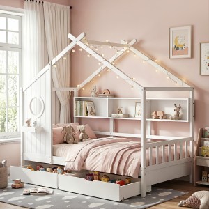 Artiss Kids Single House Bed Frame Solid Wood White, Montessori Design with 3 Bookcase Storage, 2 Drawers, Easy Assembly