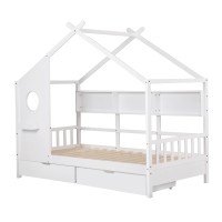Artiss Kids Single House Bed Frame Solid Wood White, Montessori Design with 3 Bookcase Storage, 2 Drawers, Easy Assembly