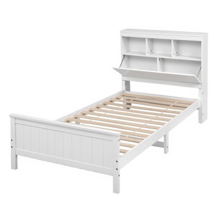 Artiss Conqueror Single Bed Frame with Storage Headboard Footboard Solid Pine Slatted Base White 1.0