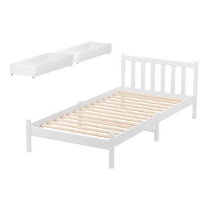 Artiss Sofie Single Bed Frame – Solid Pine Wood, White, with 2 Storage Drawers, Plywood Slats, Fits Australian Mattress