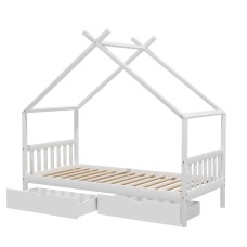 Artiss Kids Single House Bed Frame White, Solid Pine Wood, Timber Slats, 2 Storage Drawers, Montessori Design