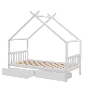 Artiss Kids Single House Bed Frame White, Solid Pine Wood, Timber Slats, 2 Storage Drawers, Montessori Design