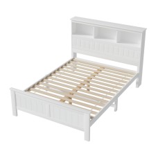 Artiss Double Bed Frame Wooden Pine with 3 Storage Shelves, White, Sturdy Slatted Base, Headboard, Kids/Adults
