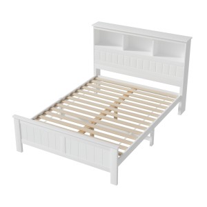 Artiss Double Bed Frame Wooden Pine with 3 Storage Shelves, White, Sturdy Slatted Base, Headboard, Kids/Adults