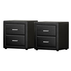 Artiss CADEN Black Bedside Table Set of 2 - Modern PVC Leather, 2 Drawers, MDF Frame, 48.5x40x50cm, Stylish Aluminium