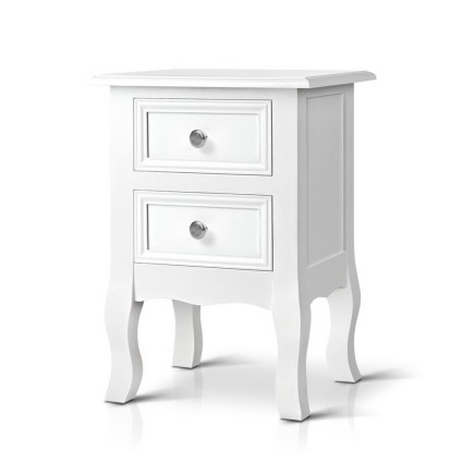 Artiss BISSET French Provincial Bedside Table 2 Drawers White Paulownia MDF Cabriole Legs Vintage Knobs