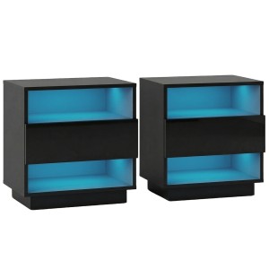 Artiss HANA Black LED Bedside Table 2 Pack with 16 Colour Remote Drawer 2 Shelves UV High Gloss Finish