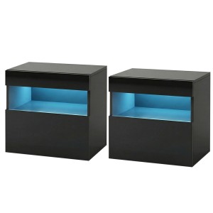 Artiss 2x LED Bedside Tables Black with 16 Colour LED Lighting Smooth Drawer UV High Gloss Front 48cm