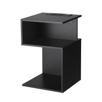Artiss S-Shaped Bedside Table Black with 2 Shelves Integrated Charging Station USB Type‑C 33x33x50cm