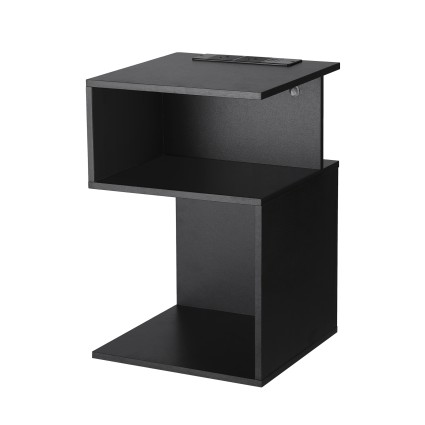 Artiss S-Shaped Bedside Table Black with 2 Shelves Integrated Charging Station USB Type‑C 33x33x50cm