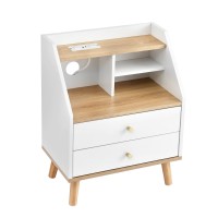 Artiss Bedside Table 2 Drawers with Charging Station White and Pine Solid Pine Legs Modern Design Compact