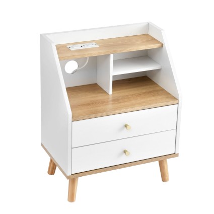 Artiss Bedside Table 2 Drawers with Charging Station White and Pine Solid Pine Legs Modern Design Compact