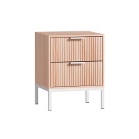 Artiss Lura Bedside Table - Pine & White Nightstand with Fluted Front, Metal Legs, 2 Drawers, 40x40x52cm, Easy Assembly