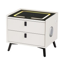 Artiss AIKA Smart Bedside Table 2 Drawers, Wireless Charging, Bluetooth Speaker, LED, Metal Legs, White 50x40x45cm