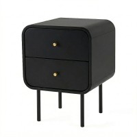 Artiss Bedside Table Black MDF Two Drawers Metal Legs Compact Nightstand Rounded Corners Durable Finish