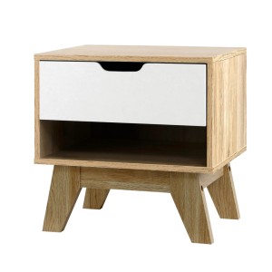 Artiss Iker Bedside Table 1 Drawer with Shelf, White and Oak, 15mm Particle Board, Splayed Legs, 50x39.5x46.5