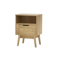 Artiss Rattan Bedside Table with 1 Drawer & Shelf - REI Oak, 54cm High, Real Rattan, Solid Wood Legs, Easy Assembly
