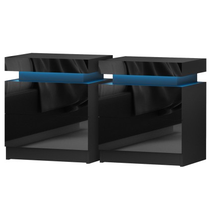 Artiss COLEY Black LED Bedside Table Set of 2 with 16-Colour Lights, 2 Drawers, Lift-up Storage, Particle Board & MDF