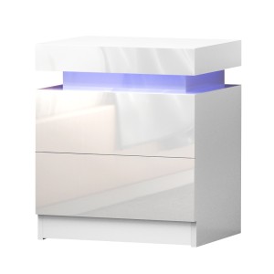 Artiss LED Bedside Table, 2 Drawers, Lift-up Storage, 16-Colour LED, Gloss White, 45x35x52.5cm, Modern Design