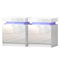 Artiss COLEY White LED Bedside Table Set of 2 - 16-Colour Lights, 2 Drawers, Lift-up Storage, Particle Board & MDF, 45x