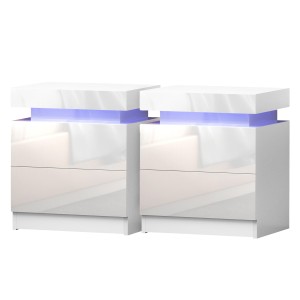 Artiss COLEY White LED Bedside Table Set of 2 - 16-Colour Lights, 2 Drawers, Lift-up Storage, Particle Board & MDF, 45x