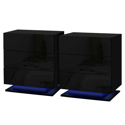 Artiss 2x LED Bedside Table with 3 Drawers, Customised 16 Colour Lights, High Gloss Black Finish, 53x35x60cm