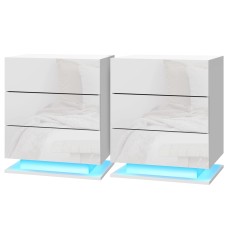 Artiss 2x LED Bedside Tables - 3 Drawers, 16 Colours, High-Gloss UV Finish, Modern White Design, 53x35x60cm,