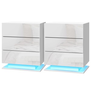 Artiss 2x LED Bedside Tables - 3 Drawers, 16 Colours, High-Gloss UV Finish, Modern White Design, 53x35x60cm,