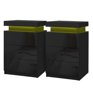 Artiss 2X Black LED Bedside Table with 3 Drawers, Lift-Up Storage, High-Gloss Finish, Customised 16-Colour Lighting