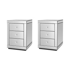 Artiss Presia Set of 2 Bedside Tables, 3 Drawers, Mirrored Glass, Silver, 40x40x58cm, Elegant Storage with Crystal Knobs