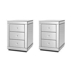 Artiss Presia Set of 2 Bedside Tables, 3 Drawers, Mirrored Glass, Silver, 40x40x58cm, Elegant Storage with Crystal Knobs