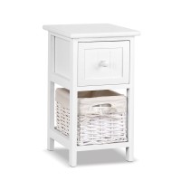 Artiss Claire Bedside Table Set of 2, 1 Drawer with Wicker Basket, Rustic White, Paulownia Wood, 25x30x45cm