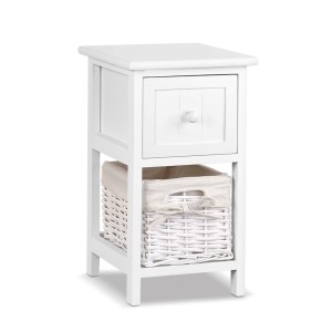 Artiss Claire Bedside Table Set of 2, 1 Drawer with Wicker Basket, Rustic White, Paulownia Wood, 25x30x45cm