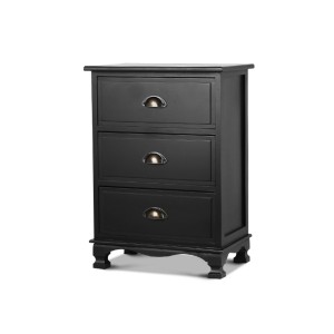 Artiss Vintage Black Bedside Table 3 Drawers - Solid Paulownia Wood, Curved Accents, Anti-Slip, No Assembly Needed