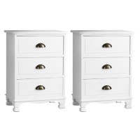 Artiss 2x Bedside Table 3 Drawers Vintage White, Solid Paulownia Wood, 45x30x62.5cm, No Assembly, Wall Mount