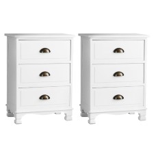 Artiss 2x Bedside Table 3 Drawers Vintage White, Solid Paulownia Wood, 45x30x62.5cm, No Assembly, Wall Mount