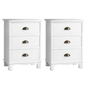Artiss 2x Bedside Table 3 Drawers Vintage White, Solid Paulownia Wood, 45x30x62.5cm, No Assembly, Wall Mount