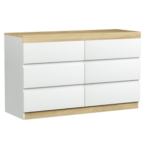 Artiss 6 Drawer Chest of Drawers, White and Oak, 110cm Tallboy Storage Cabinet, Particle Board, Bedroom Dresser