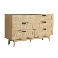 Artiss 6 Chest of Drawers BRIONY Oak Rattan Lowboy, Real Rattan, Solid Wood Legs, 120cm, Coastal Boho Bedroom Storage