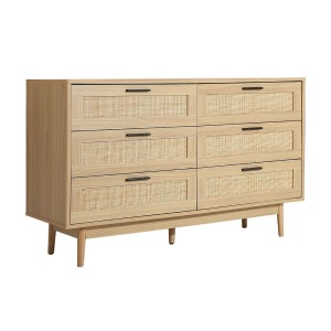 Artiss 6 Chest of Drawers BRIONY Oak Rattan Lowboy, Real Rattan, Solid Wood Legs, 120cm, Coastal Boho Bedroom Storage