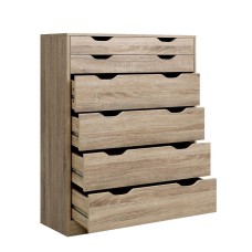 Artiss 6-Drawer Tallboy, E1 Particleboard, Oak Finish, 80x38x105.5cm, Scandinavian Design, Anti-Rust Runners