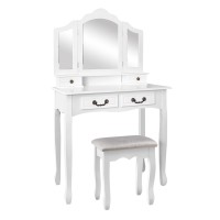 Artiss Dressing Table Stool Set, Hardwood & MDF, White, 79x40x138cm, Foldable Mirror, Elegant Provincial Style