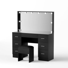 Artiss Black LED Vanity Desk Set with 10 Bulbs, 7 Drawers & Stool - 119x40x143cm, Adjustable Lighting, PU Leather Finish