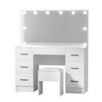 Artiss Debbie Dressing Table Set with LED Mirror, 7 Drawers, PU Leather Stool, 15mm MDF, 118cm Wide, White Finish