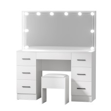 Artiss Debbie Dressing Table Set with LED Mirror, 7 Drawers, PU Leather Stool, 15mm MDF, 118cm Wide, White Finish