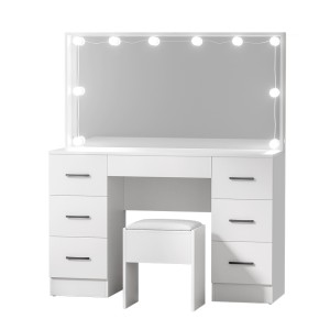Artiss Debbie Dressing Table Set with LED Mirror, 7 Drawers, PU Leather Stool, 15mm MDF, 118cm Wide, White Finish