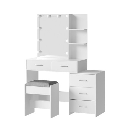 Artiss Dale White Dressing Table Set with Stool, 12 LED Bulbs & Adjustable Storage, 5 Drawers, Hollywood Mirror